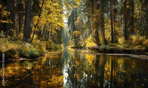 Tranquil Autumn Stream in Lush Forest Surrounded by Golden Foliage