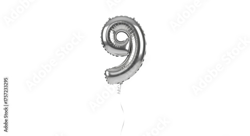 Metallic silver number nine balloon floats centered in front of solid background with attached string.