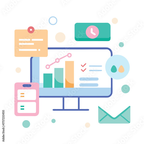 Modern automated marketing system dashboard illustration showcasing analytics performance metrics and campaign management tools for business growth