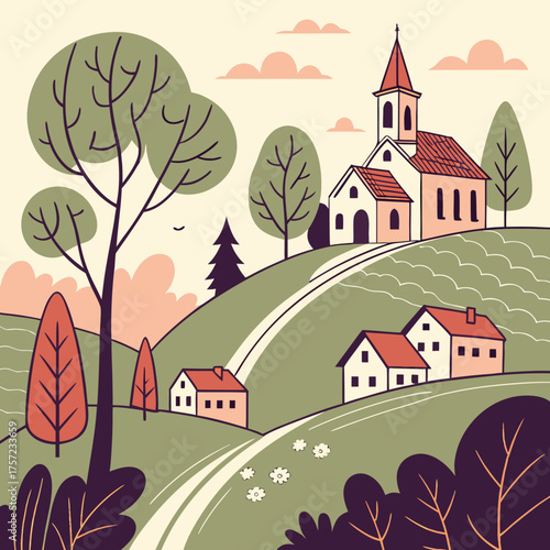 Charming village with a church on a rolling green hill