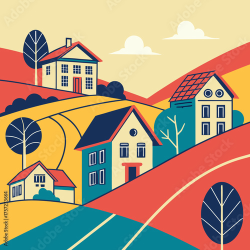 Stylized Illustration of a Colorful Village on Rolling Hills Landscape