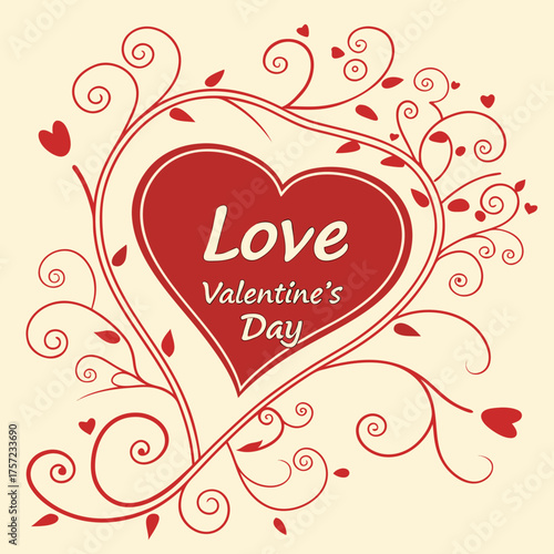 Romantic Valentine's Day heart with decorative floral swirls and vines