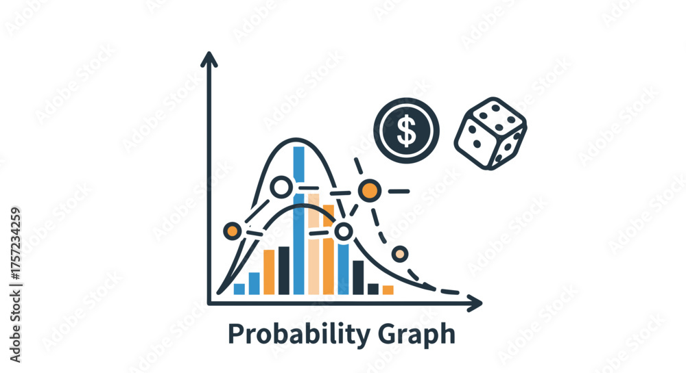 Obraz premium Illustration of probability graph with coin and dice icons