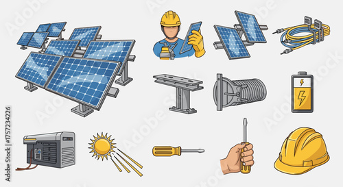 Illustration of solar panels and related equipment and tools