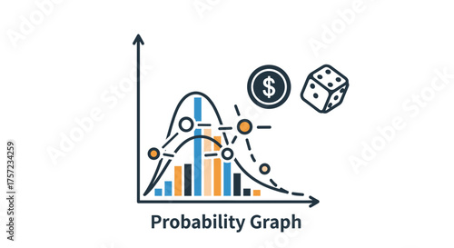 Illustration of probability graph with coin and dice icons