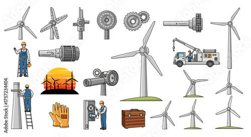 Illustration of wind turbines with engineers and equipment