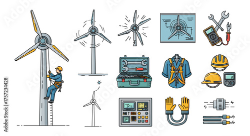 Illustration of wind turbine maintenance and repair equipment