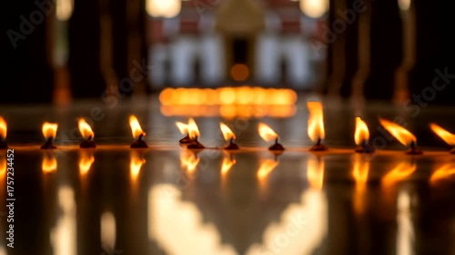Row of flickering oil lamps illuminating a serene temple interior at dusk