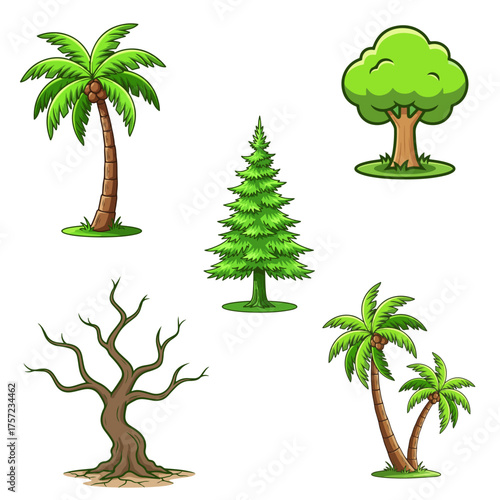 Diverse tree collection showcasing palm, pine, and deciduous varieties for ecological projects or nature-themed designs, originally a scalable vector graphic