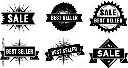 Retro 90s Sale Best Seller Badges Black Silhouette Vector Set. Discount, Promo, Offer, Label, Starburst, Vintage, E-commerce, Marketing.