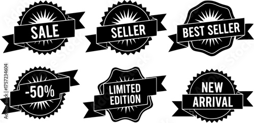 Retro 90s Sale Best Seller Badges Black Silhouette Vector Set. Discount, Promo, Offer, Label, Starburst, Vintage, E-commerce, Marketing.