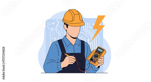 Illustration of an electrician with a multimeter and hard hat