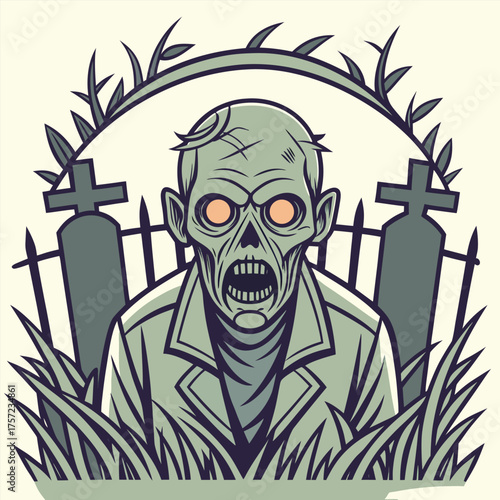 Vectorized zombie figure with bright eyes lurks around gravestones amidst tall grass