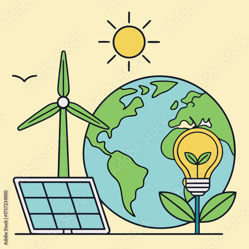 Wind turbine and solar panel support healthy green earth with vibrant sunshine