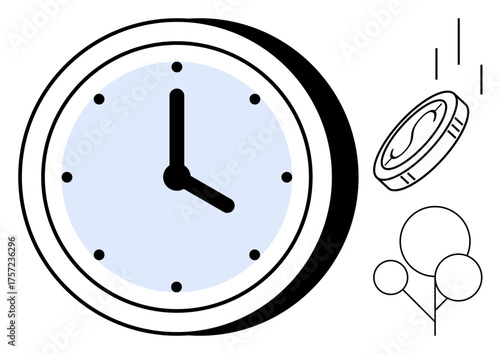 Clock with black hands, falling coin, and balloons showcasing time management, productivity, financial value, life balance, opportunity cost, celebration and thoughtful planning. Minimalist flat