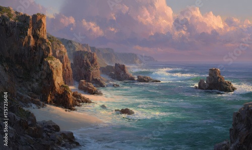 Serene Coastal Landscape at Twilight with Rugged Cliffs and Waves