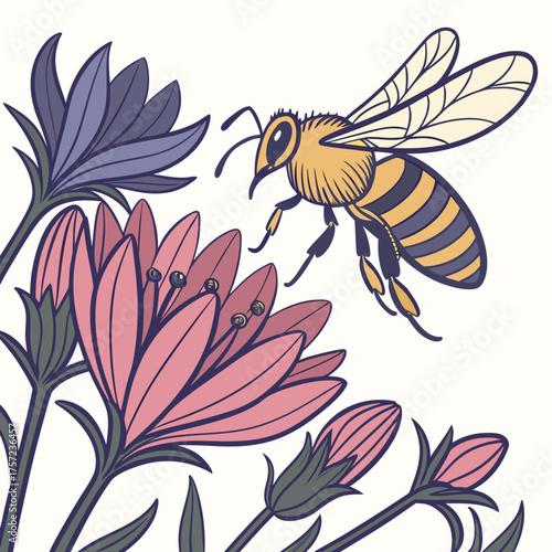 Elegant botanical art of a bee visiting colorful wildflowers