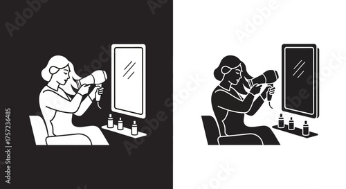 Stylized Vector Illustration of a Woman Drying Hair for a Salon in Black and White