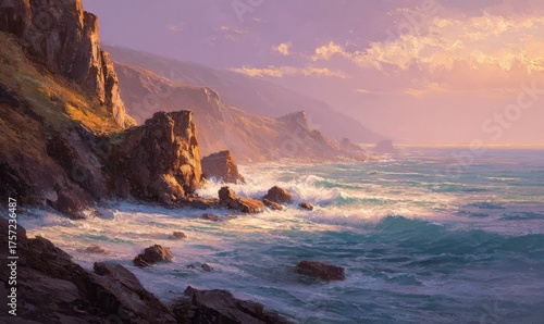 Serene Coastal Landscape with Rocky Cliffs and Gentle Waves at Sunset