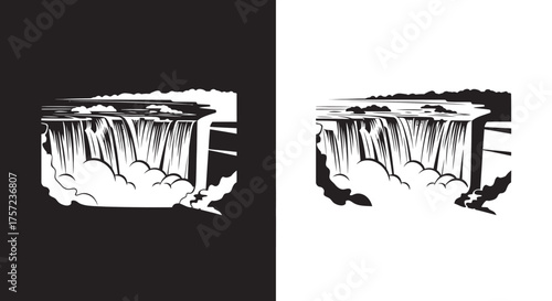 Stylized Waterfall Landmark Vector Illustration in a Black and White Retro Graphic Style