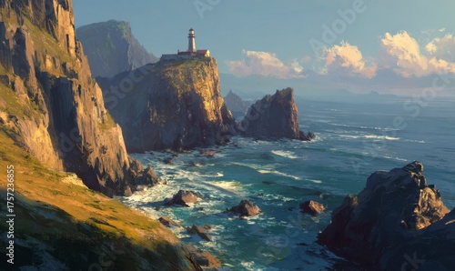 Scenic Coastal Landscape with Lighthouse and Rocky Cliffs