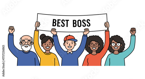Group of diverse people celebrating with "Best Boss" sign  