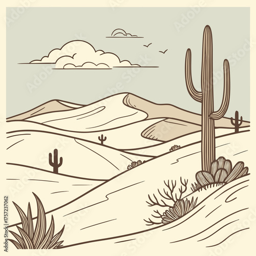 Vintage line art illustration of a desert landscape with saguaro cactus