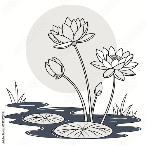 Serene lotus flowers and lily pads in a tranquil pond line art