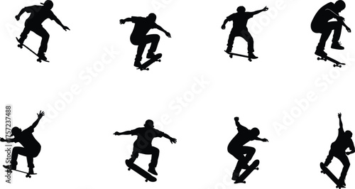 Skateboarder silhouettes performing tricks, skateboarding vector illustration, extreme sport design, urban lifestyle artwork, dynamic movement action poses graphic