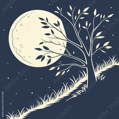 Serene midnight landscape with a large moon and starry sky