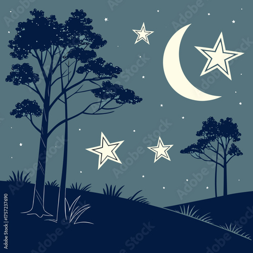 Serene night scene with a crescent moon and silhouetted trees