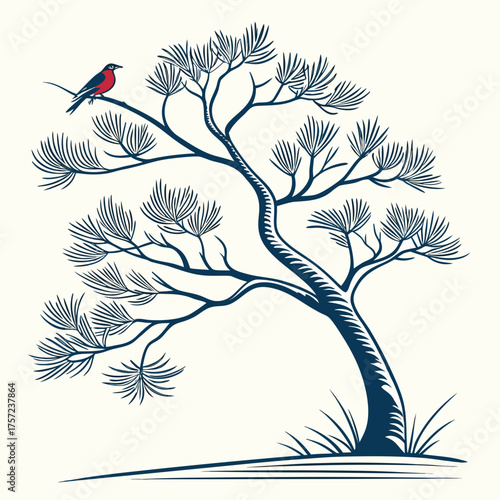 Serene illustration of a solitary red bird on a pine tree branch
