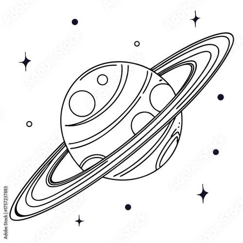 Minimalist line art of a ringed planet in a starry cosmos