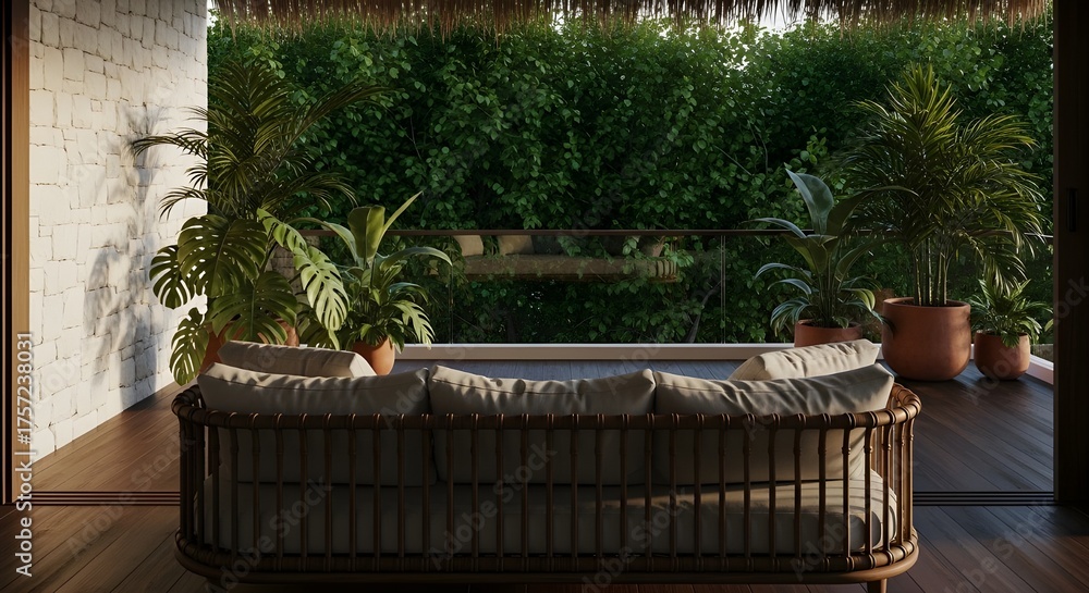 Fototapeta premium tropical outdoor lounge area rattan sofa green plants