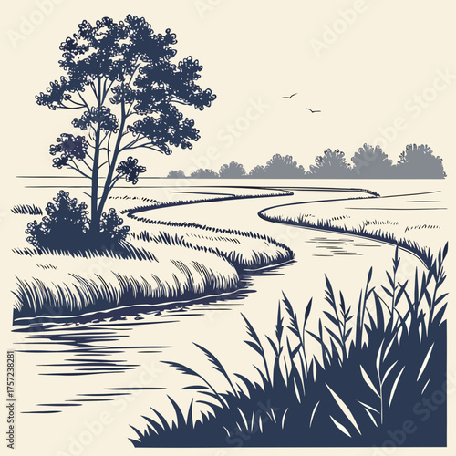 A peaceful river landscape in a retro woodcut illustration