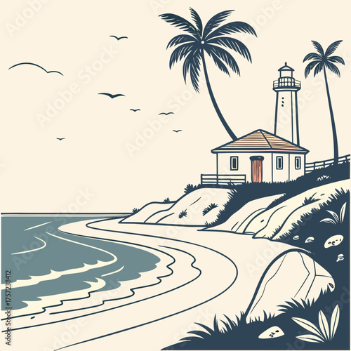 Vintage Illustration of a Lighthouse on a Tropical Beach with Palm Trees