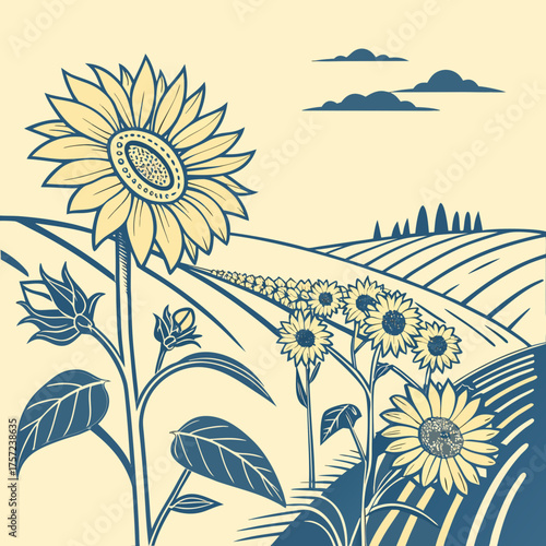 Vintage Sunflower Field in a Rustic Landscape Illustration