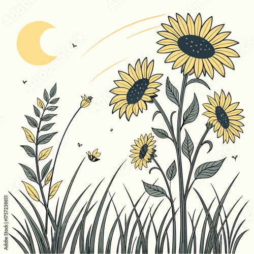 Stylized Sunflowers in a Grassy Meadow Under a Night Sky