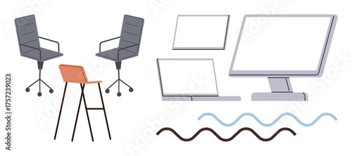 Office furniture including two swivel chairs, a high stool, monitors, and a laptop. Ideal for workplace, technology, design, collaboration productivity meetings modern interior. A simple flat