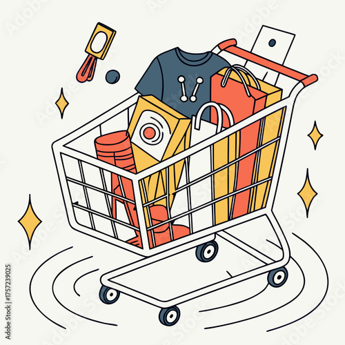 Colorful line art illustration of a shopping cart full of purchases