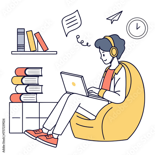 Student learning remotely from home with a laptop and headphones