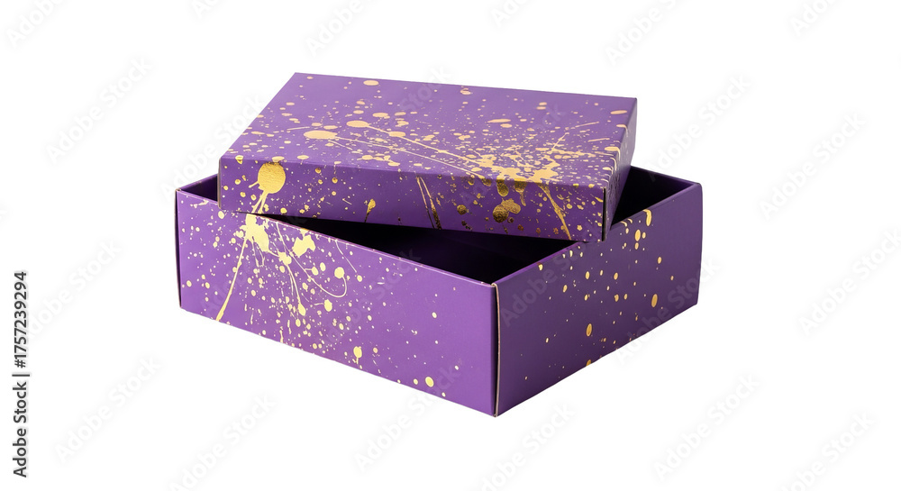 Obraz premium Purple gift box with golden splatter pattern sits partially open against a isolated background.