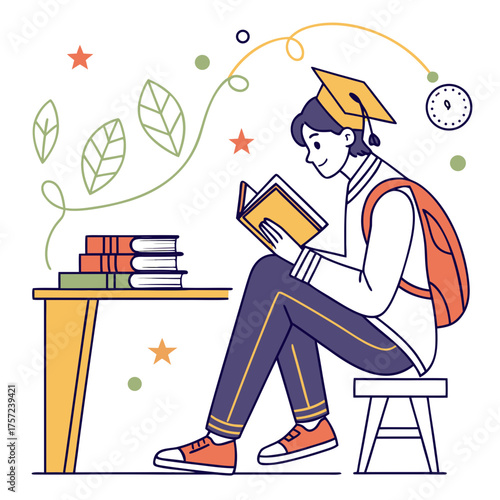 A young student in a graduation cap focused on learning from a book