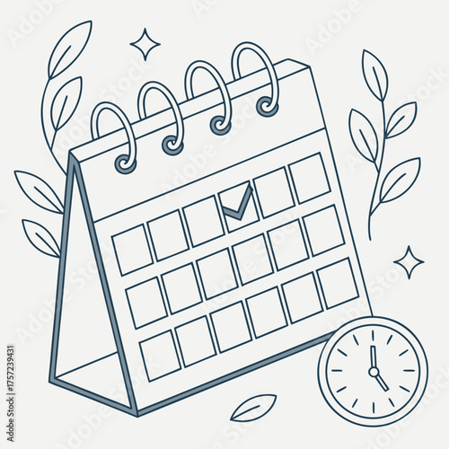 Line art drawing of a calendar and clock for scheduling and time management