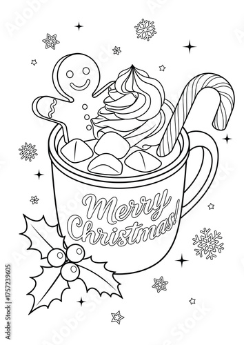 A cute Christmas mug with chocolate, marshmallows, whipped cream, gingerbread, and a candy cane and holly. Vector coloring page.