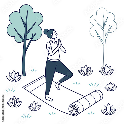 Serene woman practicing yoga tree pose surrounded by nature