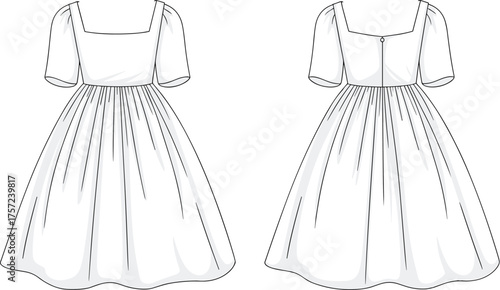 Cad drawing flat vector illustration, puff sleeve dress technical sketch, front and back view, fashion template, garment construction detail