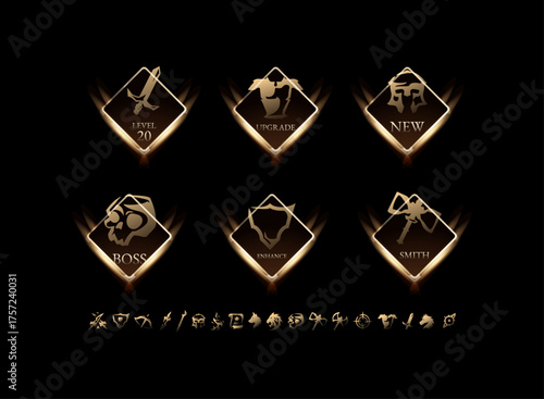 Golden fantasy RPG game icon set, glowing diamond frame UI elements for level, boss, enhance, upgrade, and smith interface.