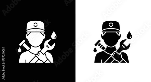 Plumber Service Vector Icon with Worker and Wrench Glyph Design