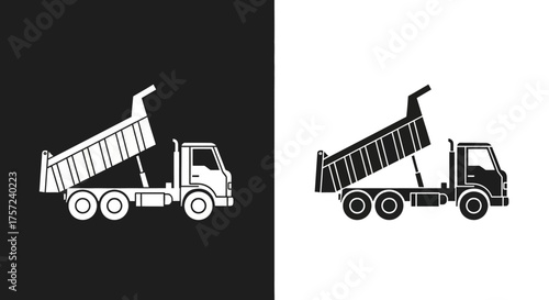 Minimalist Dump Truck Silhouette Vector Icon Set in Black and White